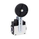 Limit switch, K series, adjustable roller lever, 2 side cable entry. Dimensions compatible to EN 50047, plastic body, contacts 1NO+1NC snap action. Rubber roller