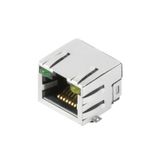 PCB plug-in connector, RJ45 jacks, Cat. 5e , SMD solder connection, 90°, Latch option: top, Shield tabs: 6 tabs, 30...80 µ" Ni / ≥ 30 µ" Au , LED: Yes, green, yellow, Number of poles: 12, Tape