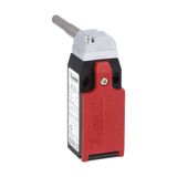 Limit switch, K series, hinge operating, 1 bottom cable entry. Dimensions to EN 50047, plastic body, contacts 1NO+2NC slow action. Long solid shaft with reduction