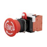 Emergency stop switch, Panel Cutout 22 mm Dia., Head Size 40 mm Dia., Push-Lock, Turn-Reset, 2NC, With EMO Indication A22E7082G