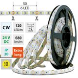 LED strip SMD2835 CW, 120LED/m, 7W/m, DC 24V, 680lm/m, CRI90, IP20, 10mm, 50m