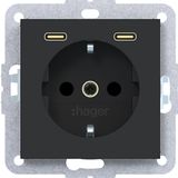 SCHUKO wall socket with earth connection, 2 x USB C (PD), A.x/C.x, matte black