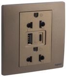 Mallia Senses - 1 gang EURO/US socket outlet - 16A - 2 x 2 Poles + Earth - with 3000mA A and C types USB chargers - Dark Bronze
