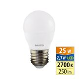 LED drop bulb 2.7W, E27, 2700K, CRI80, vit. angle 200°, 360° 250lm