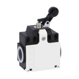 Limit switch, K series, roller side push lever, 2 side cable entry. Dimensions compatible to EN 50047, plastic body, contacts 1NO+1NC slow action. Plastic roller