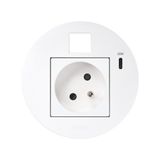 Furniture power socket (pin grounding) with USB-C 20W charger and RJ45 plate (keystone), Simon 400 Flash 90, IP20, 16A, white, Mount. dimen.: Ø80mm