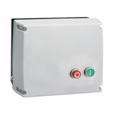 Star-delta starter, enclosed starter, with START and STOP/RESET buttons. Starting time up to 12 seconds and a maximum of 30 operations/hour, max IEC operating current 50A. Coil voltage 230VAC 50/60Hz