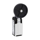 Limit switch, K series, roller lever plunger, 1 bottom cable entry. Dimensions to EN 50047, plastic body, contacts 2NO slow action. Rubber roller