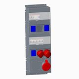 Modular Combi Plastic, One 16A (346-415V) outlet (3P+N+E), One 32A (346-415V) outlet (3P+N+E), One 63A (346-415V) outlet (3P+N+E)and three schuko outlets (2P+E) 10/16A (250 V). 3xMCB S201 C16  and S203 C16,  S203 C32, S203 C63, RCD F204 A-40/0,03