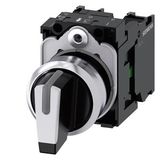 Selector switch, illuminable, 22 mm, round, metal, shiny, white, selector switch, short, 3 switch positions I-O-II,  3SU1150-2BL60-1NA0-Z X90