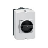 IEC/EN type IP65 plastic enclosure switch disconnector, three-pole. With rotating black handle, 25A. Enclosure dimensions: 100x168x97mm/3.9x6.6x3.8''