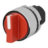 Knob selector switch, red, 3-position, Cam T, spring return to Centre, metal