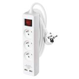 Extension cable 2 m / 3 sockets / with switch / white / PVC / with USB port / 1.5 mm2