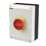 Main Switch P3-100/I5/SVB 3-Pole 100 A, Surface Mount, Emergency-Switch Function, Lockable Off Position, IP65, Red Rotary Handle / Yellow Ring