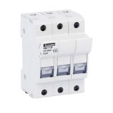 Fuse holder UL recognized and CSA certified, for 10X38mm fuses. 32A rated current at 690VAC, 3P. Without status indicator. 3 modules