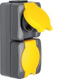 Socket, 2x SCHUKO, combined, with flaps, 16 A, 250 V~, ISO-Panzer IP44, dark. grey/yellow