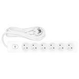 Extension cord, 6-position pin, with switch/shutter, 2m cable, white.