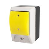 Palm switch, illuminated, momentary, yellow dome button, with enclosure