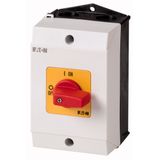 T0-2-1/I1-RT On-Off switch, T0, 20 A, surface mounting, 2 contact unit(s), 3 pole, Emergency switching off function, with red thumb grip and yellow front plate