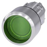 Illuminated pushbutton, 22 mm, round, metal, shiny, green, Front ring, raised, momentary contact type Illuminated