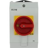 Main switch, P1, 40 A, surface mounting, 3 pole, Emergency switching off function, With red rotary handle and yellow locking ring, Lockable in the 0 (
