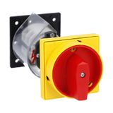 Rotary cam switch 7GN series, ON-OFF switch 3 poles 25A, for rear mounting with red/yellow handle padlockable in 0, door coupling and protection covers, front plate 65X65mm