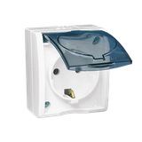 IP54 single socket outlet with Schuko earthing - transparent flap, white, 16A