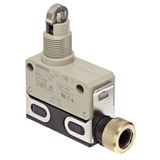 Limit switch, slim sealed, Standard sensitivity, IP67, Snap action, Self-reset mechanism, Single-Pole, Double-Throw type, SPDT, Panel mount cross roller plunger, VCTF oil-resistant cable 3 cores 3 m D4EN0008R