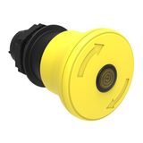 Illuminated mushroom head button actuator Ø22mm Platinum series chromed plastic, latch, turn to release, Ø40mm. For normal stopping. Yellow