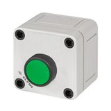 Polycarbonate push-button enclosure 65x65x57 with green guarded push-button