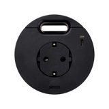 Furniture power socket (schuko grounding) with USB-C 20W charger and grommet (cable outlet), Simon 400 Flash 90, IP20, 16A, black, Mount. dimen.: Ø80mm