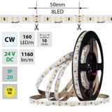 LED strip SMD2835 CW, 160LED/m, 9W/m, DC 24V, 1160lm/m, CRI90, IP20, 10mm, 50m