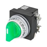 Illuminated knob selector switch, green, 3-position, Cam O led BA9S, spring return to Centre, 2 N.O.