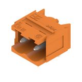 PCB plug-in connector, male header, Dovetails for fixing blocks, THT solder connection, 5.08 mm, Number of poles: 2, 90°, Solder pin length (l): 3.2 mm, tinned, orange, Box
