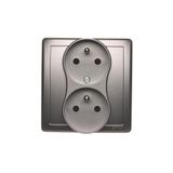 Double socket outlet with earthing and shutters - Czech pin system, Inox, metallized, 16A