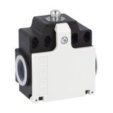 Limit switch, K series, top push rod plunger, 2 side cable entry. Dimensions compatible to EN 50047, plastic body, contacts 1NO+1NC snap action. Metal plunger