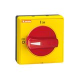 Door-coupling handle, padlockable. Red/yellow, rotating, for GA...A, GA063SA, GA...C and GA...D. Screw fixing. Protruding selector. 5mm/0.2”. IEC IP65/UL type 4X