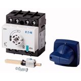 Switch-disconnector, DCM, 40 A, 3P + N (solid), With blue rotary handle and drive shaft, Vertical connection