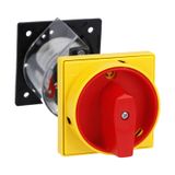 Rotary cam switch 7GN series, ON-OFF switch 3 poles 20A, for rear mounting with red/yellow handle padlockable in 0, door coupling and protection covers, front plate 65X65mm