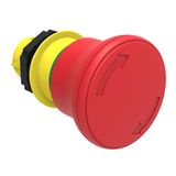 Mushroom head pushbutton actuator Ø22mm Platinum series chromed plastic, latch, turn to release, Ø40mm. For emergency stopping. ISO 13850. Red
