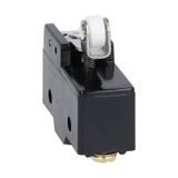 Plastic micro switch, K series, roller centre push lever. 26.6mm/1.05in long lever. Contacts 1NO/NC. Screw terminalsS