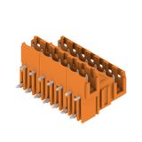 PCB plug-in connector, male header, Dovetails for fixing blocks, THT solder connection, 5.08 mm, Number of poles: 14, 90°, Solder pin length (l): 3.2 mm, tinned, orange, Box