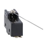 Plastic micro switch, K series, metal lever. 168.3mm/6.63in long flat cylindrical lever. Contacts 1NO/NC. Solder terminals