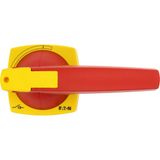 Switch-disconnector, DMV, 250 A, 3 pole, Emergency switching off function, With red rotary handle and yellow locking ring, With metal shaft for a cont