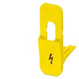 Inscription label, with warning arrow, vertical, terminal width: 16.2 mm, yellow
