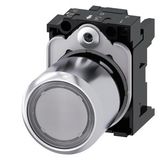 Pushbutton, compact, with extended stroke (12 mm), 22 mm, round, Metal, clear, pushbutton, flat, momentary .... 3SU1251-0EB70-0AA0-Z Y13