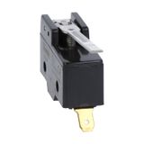 Plastic micro switch, K series, metal lever. 63mm/2.48in long flat lever. Contacts 1NO/NC. Faston terminals