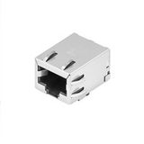 PCB plug-in connector, RJ45 jacks transformer, 10/100 MBit/s , SMD solder connection, 90°, Latch option: bottom, Shield tabs: 6 tabs, 30...80 µ" Ni / ≥ 30 µ" Au , LED: No, Number of poles: 8, Tape