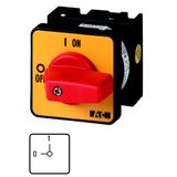 T0-1-102/E-RT On-Off switch, T0, 20 A, flush mounting, 1 contact unit(s), 2 pole, Emergency switching off function, with red thumb grip and yellow front plate