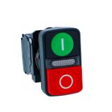ill double-head push button, Harmony XB5N XB7N, plastic, 22mm, 1 green flush + 1 red projecting, marked, 230V AC, 1NO 1NC